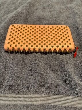 Christian Louboutin Pink Studded Zip Wallet with Gold Spikes